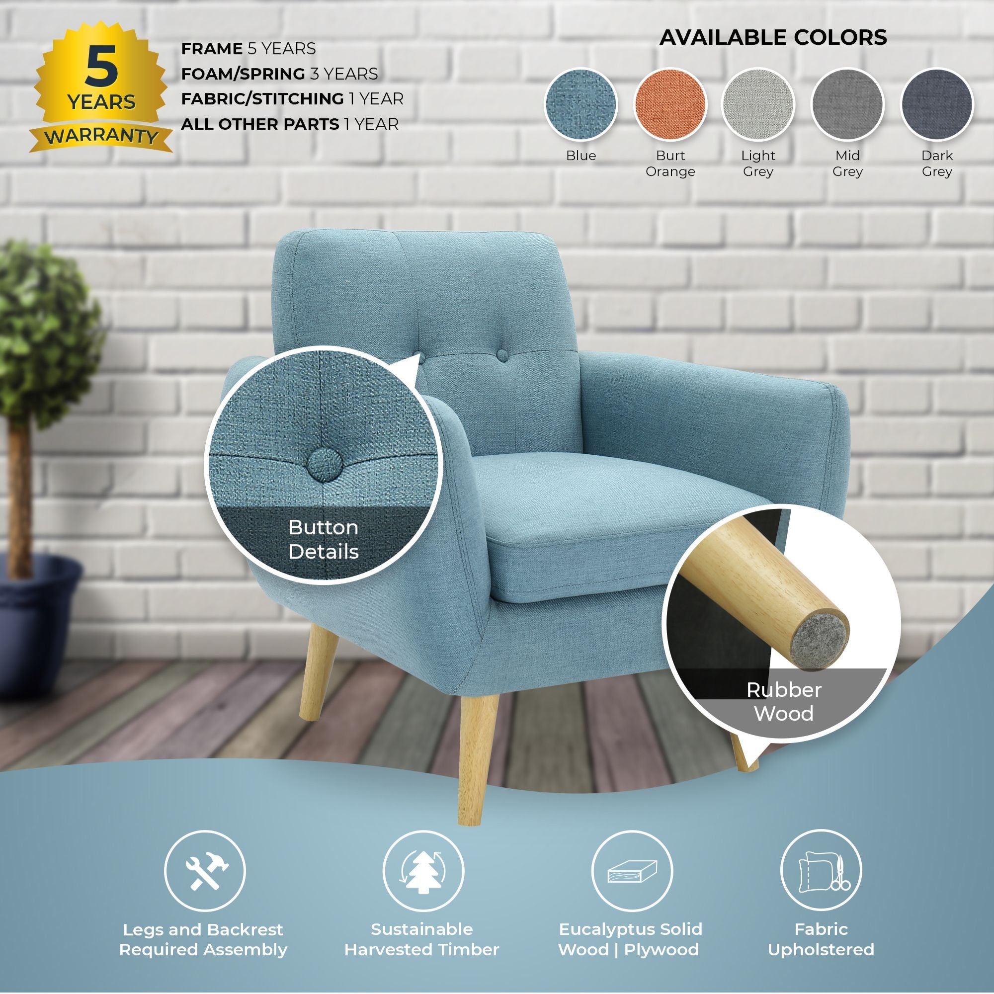 Scandinavian Armchair Upholstered Lounge Accent Chair Couch Sofa Seater Blue