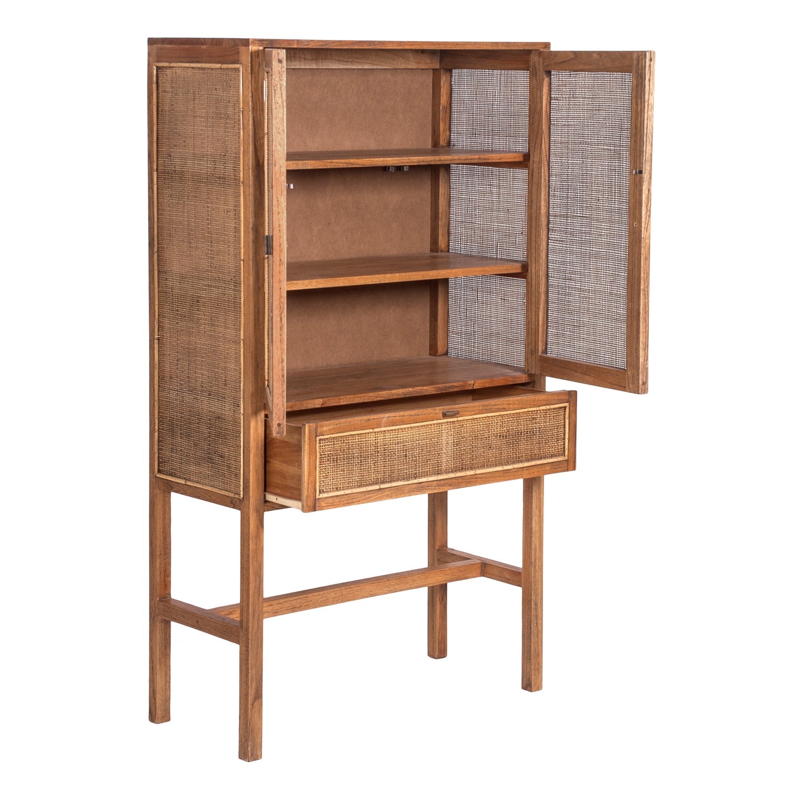 Lilly Tall Storage Cabinet 90cm 2 Door 1 Drawer Mindi Wood Rattan - Brown