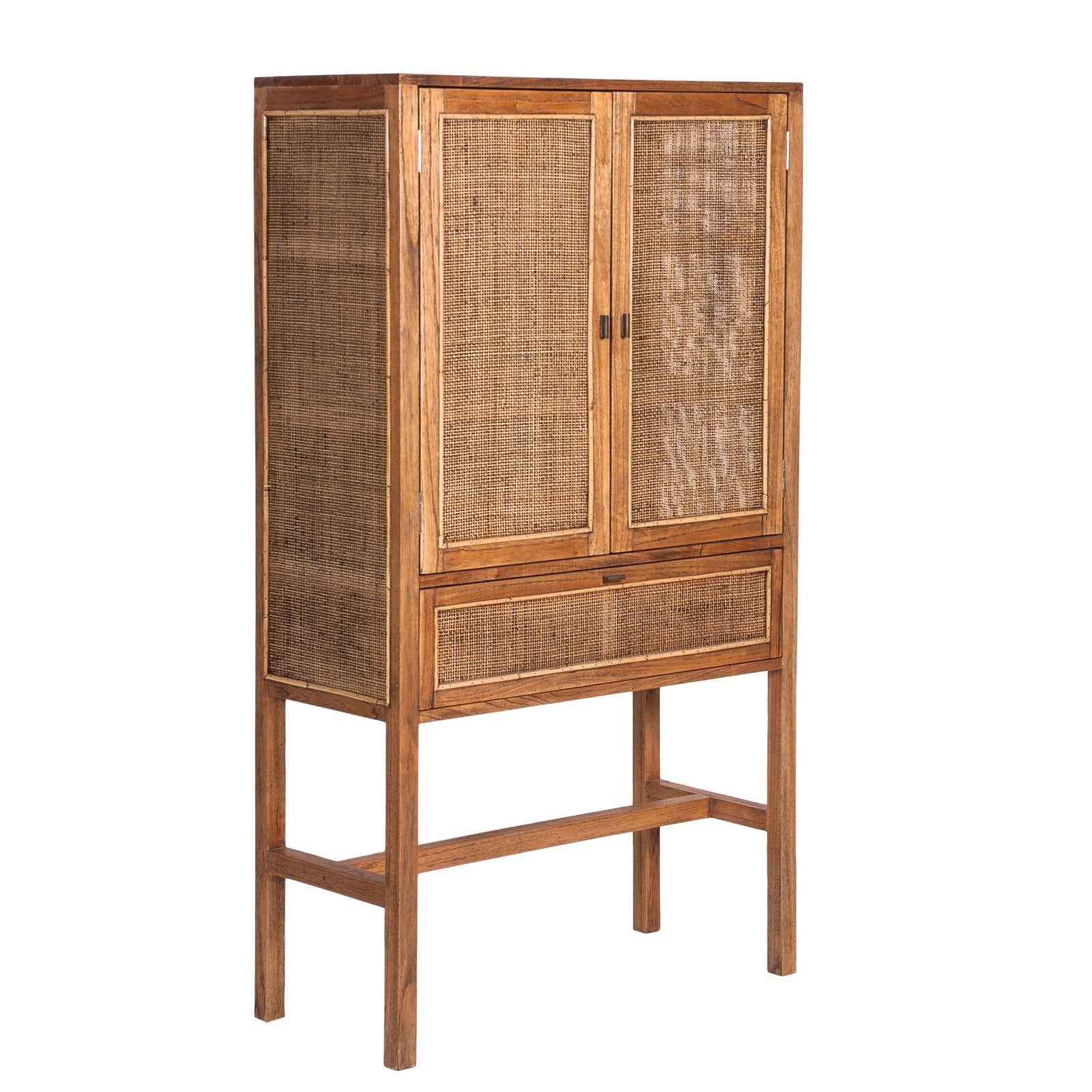 Lilly Tall Storage Cabinet 90cm 2 Door 1 Drawer Mindi Wood Rattan - Brown