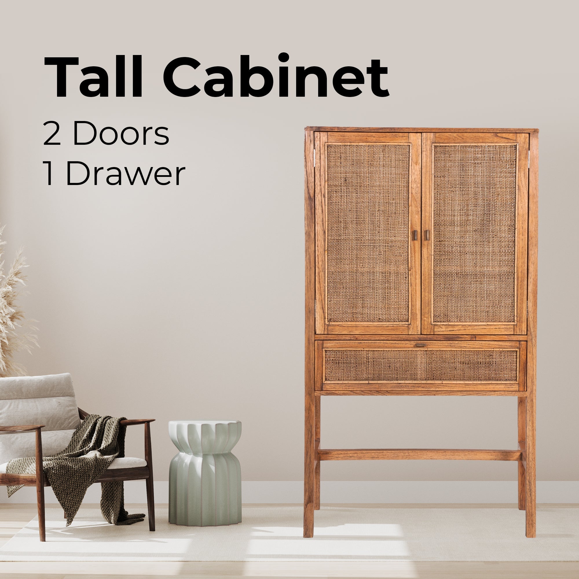 Lilly Tall Storage Cabinet 90cm 2 Door 1 Drawer Mindi Wood Rattan - Brown