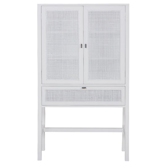 Lilly Tall Storage Cabinet 90cm 2 Door 1 Drawer Mindi Wood Rattan - White