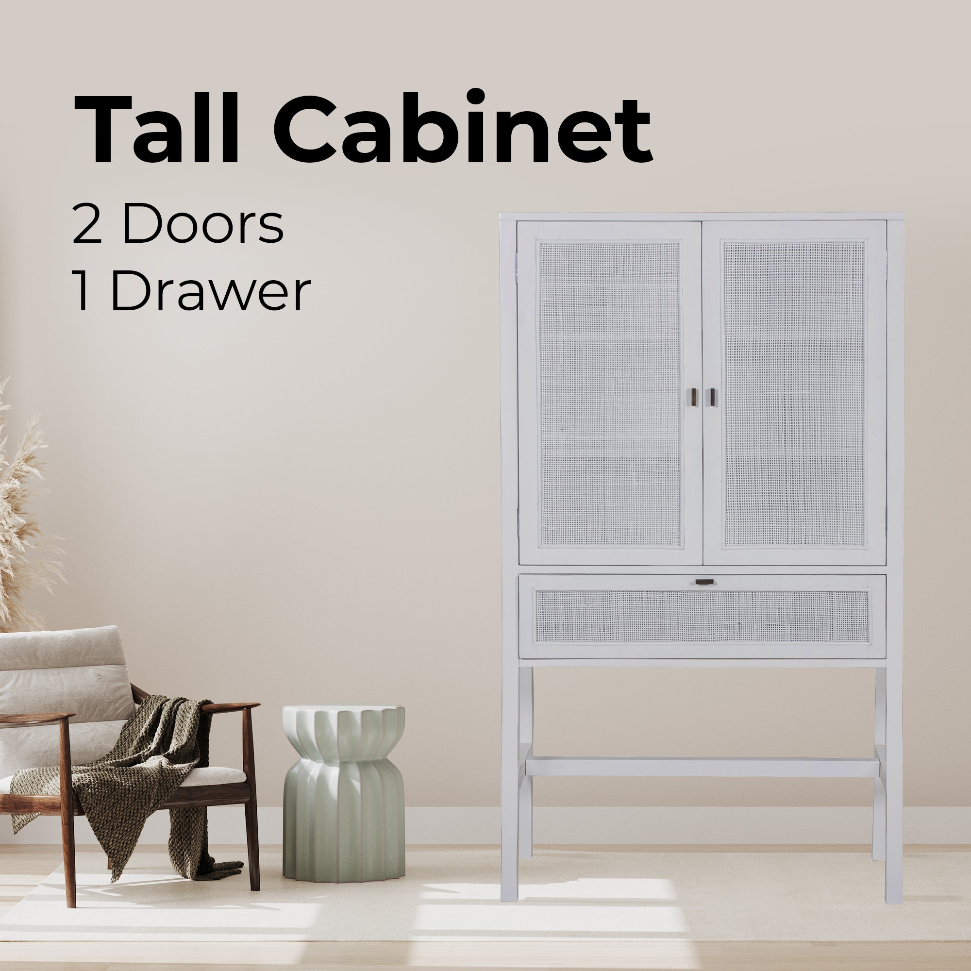 Jasmine Tall Storage Cabinet 90cm 2 Door 1 Drawer Mindi Wood Rattan - White