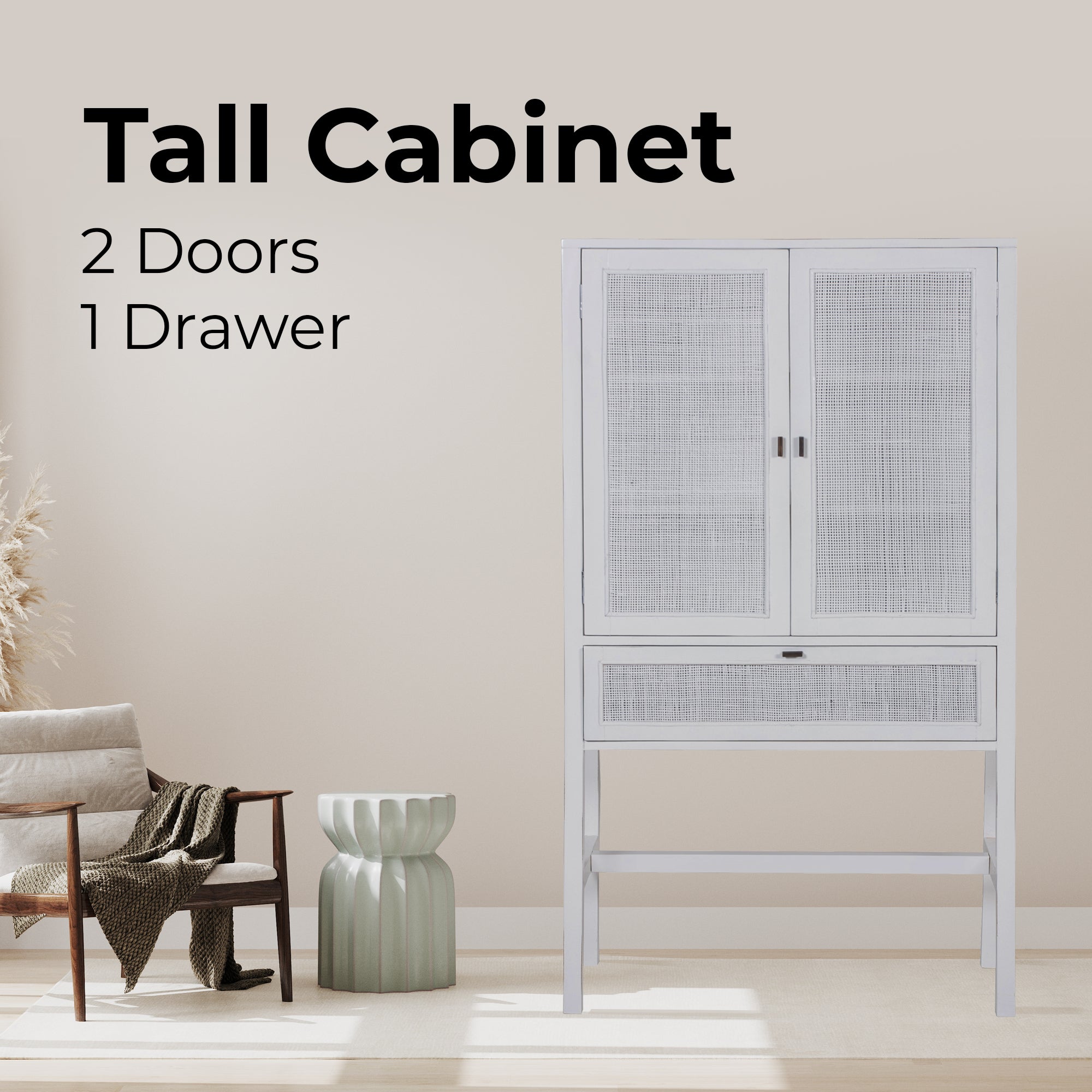 Lilly Tall Storage Cabinet 90cm 2 Door 1 Drawer Mindi Wood Rattan - White