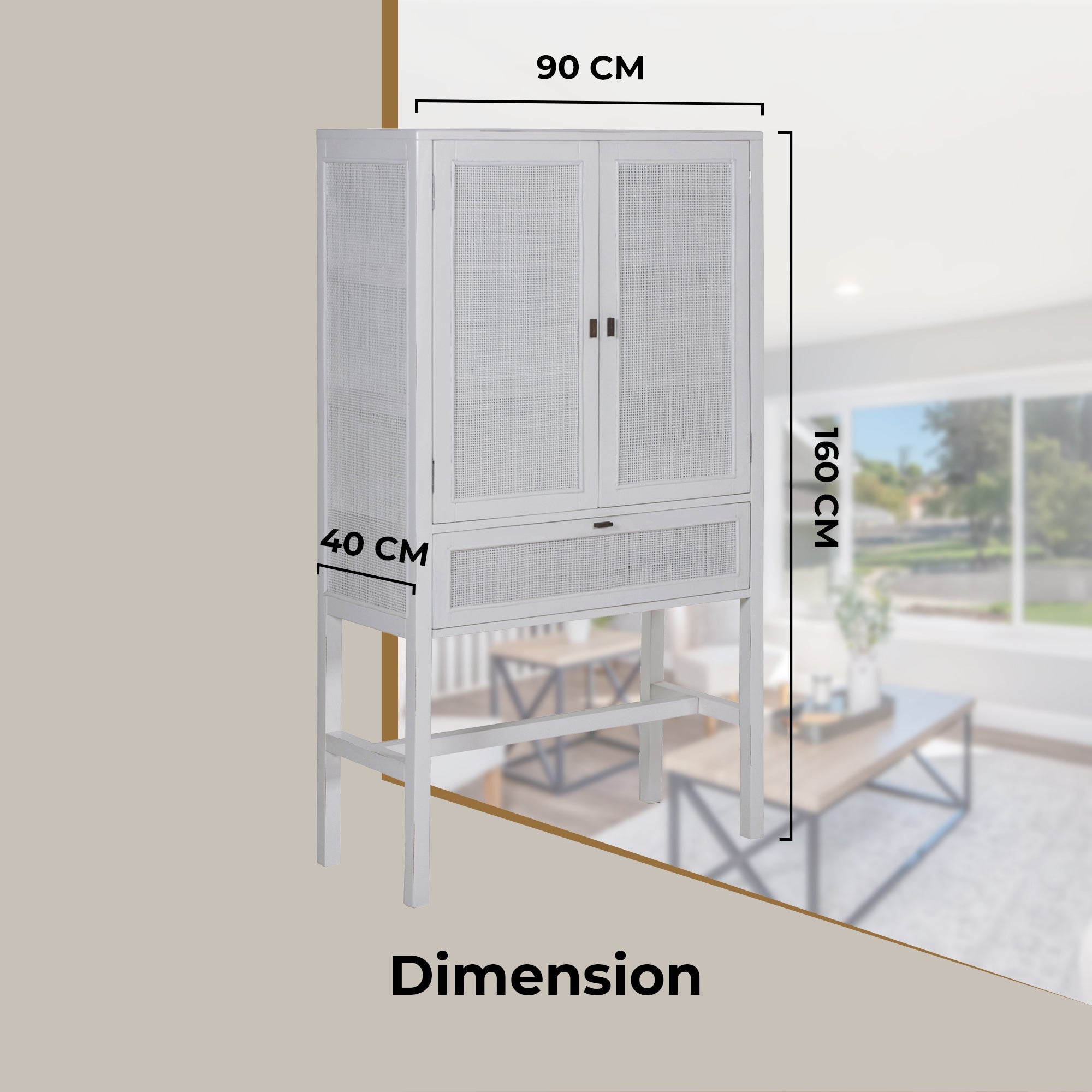 Lilly Tall Storage Cabinet 90cm 2 Door 1 Drawer Mindi Wood Rattan - White