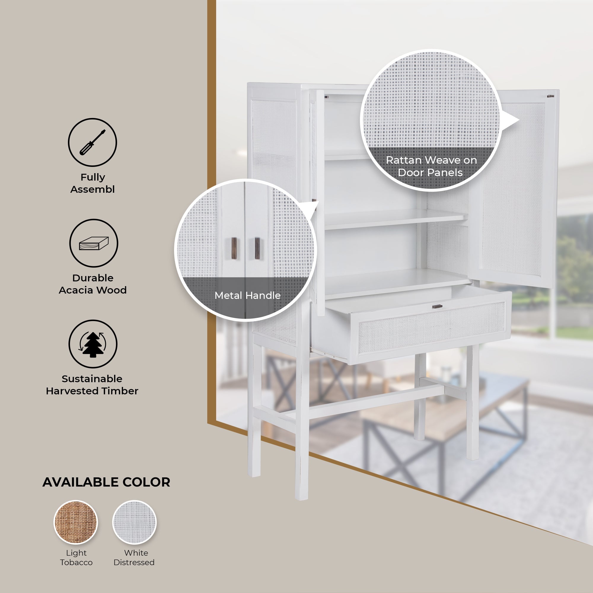 Lilly Tall Storage Cabinet 90cm 2 Door 1 Drawer Mindi Wood Rattan - White