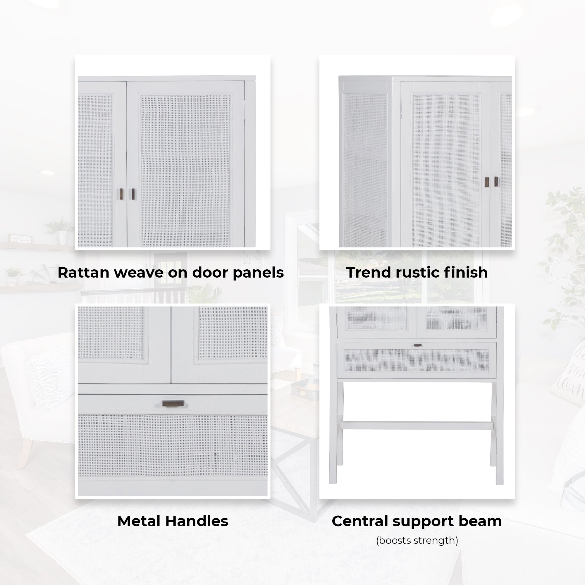 Lilly Tall Storage Cabinet 90cm 2 Door 1 Drawer Mindi Wood Rattan - White