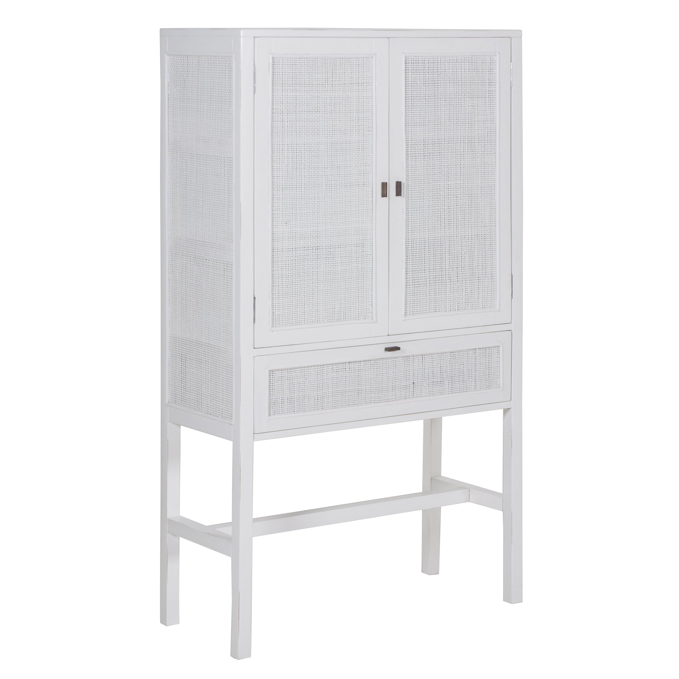 Lilly Tall Storage Cabinet 90cm 2 Door 1 Drawer Mindi Wood Rattan - White