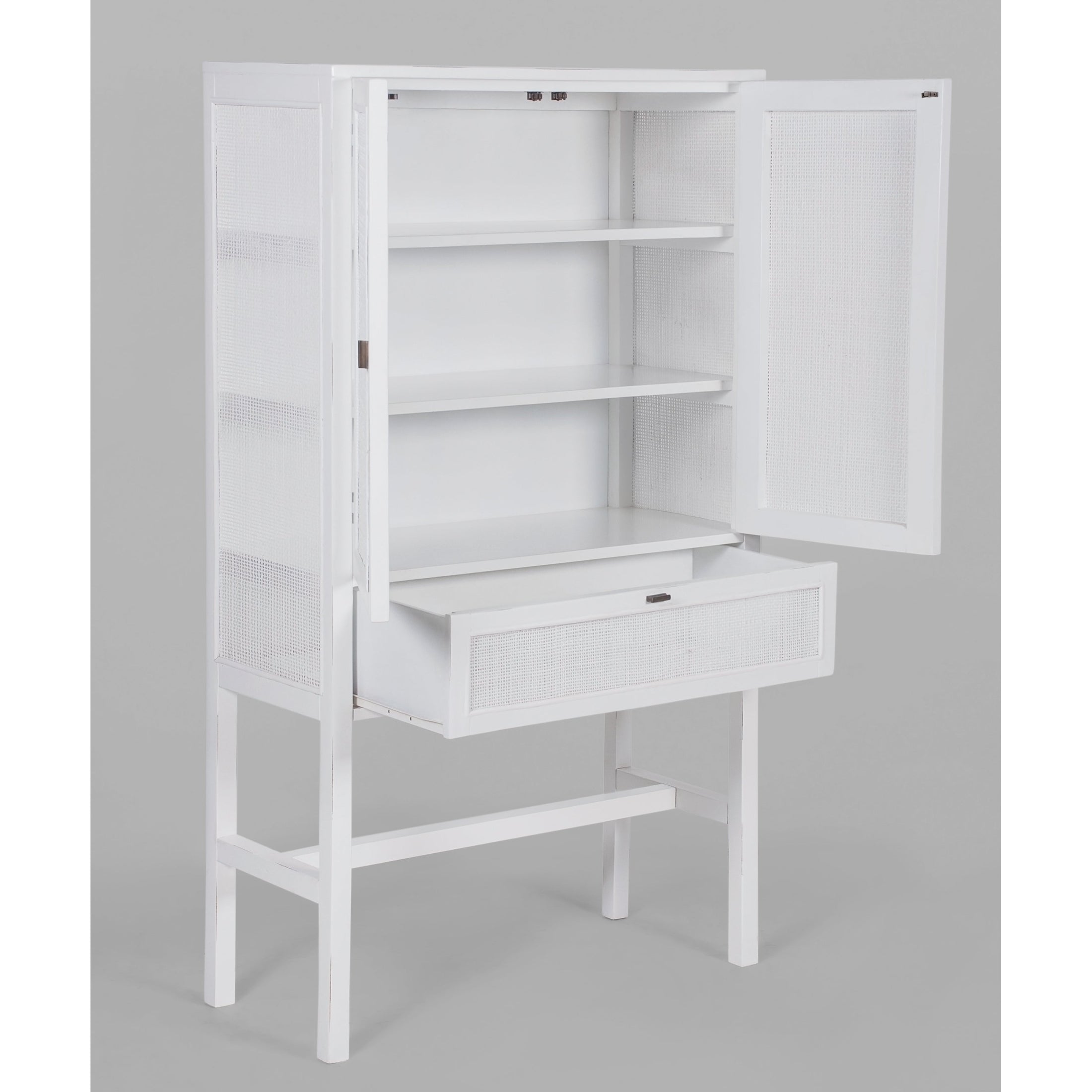 Lilly Tall Storage Cabinet 90cm 2 Door 1 Drawer Mindi Wood Rattan - White