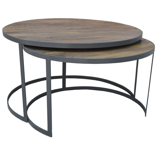 Bete  2pc Mango Wood and Metal Round Nesting 80cm Coffee Table Set -