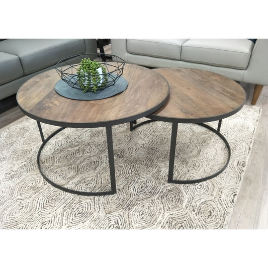 Bete  2pc Mango Wood and Metal Round Nesting 80cm Coffee Table Set -