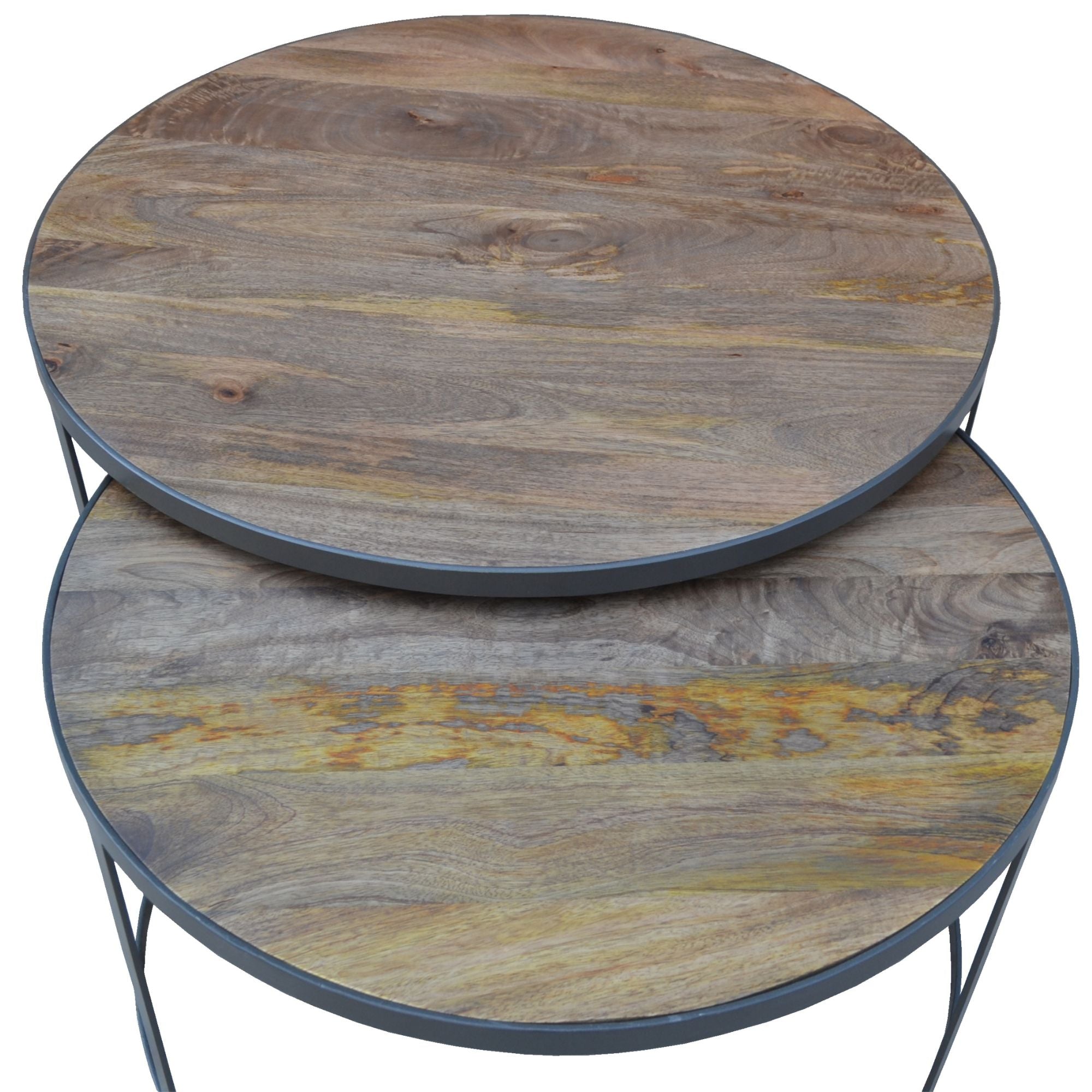 Bete  2pc Mango Wood and Metal Round Nesting 80cm Coffee Table Set -