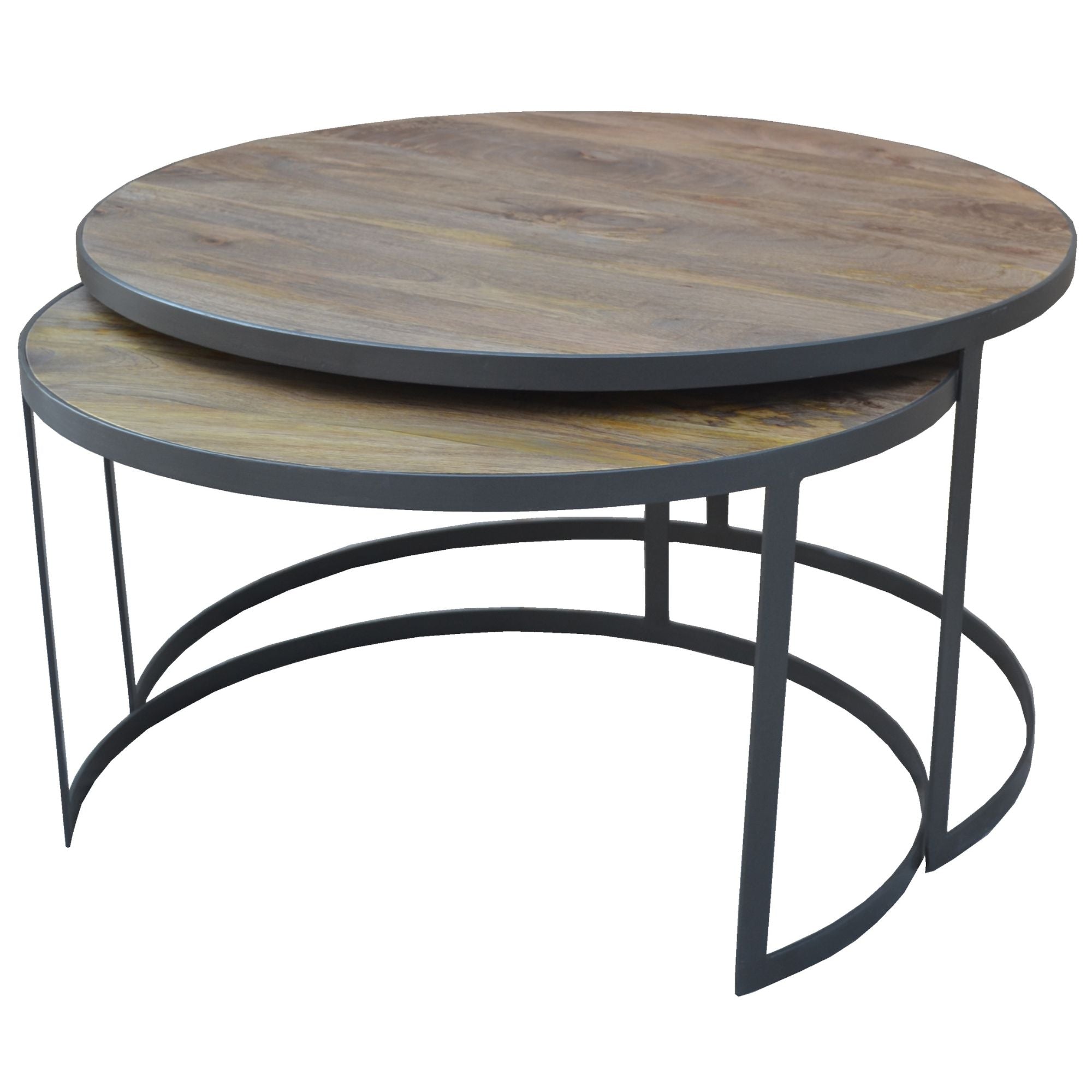 Bete  2pc Mango Wood and Metal Round Nesting 80cm Coffee Table Set -