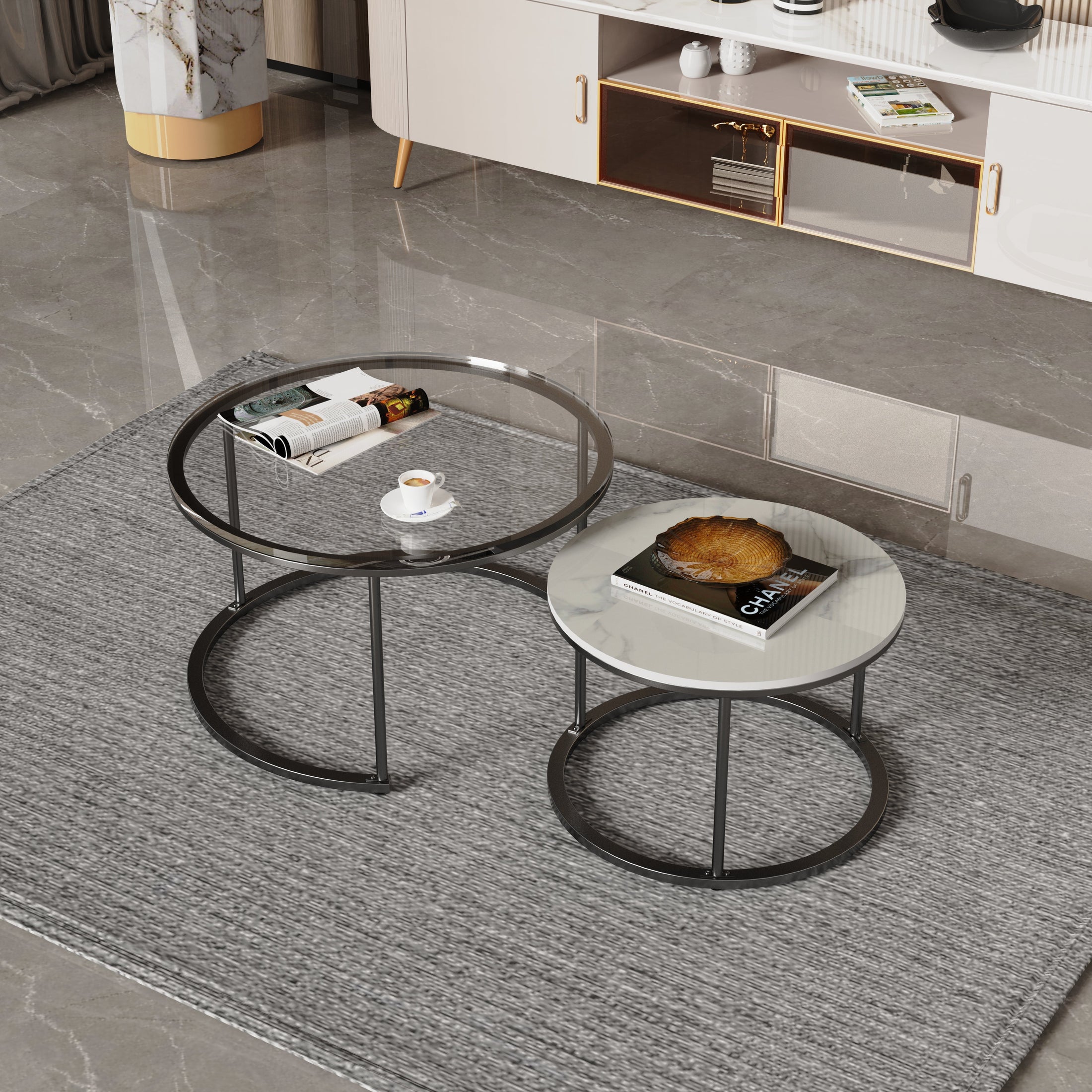 Interior Ave - Elle Vogue - Marble & Black Nested Coffee Table Set