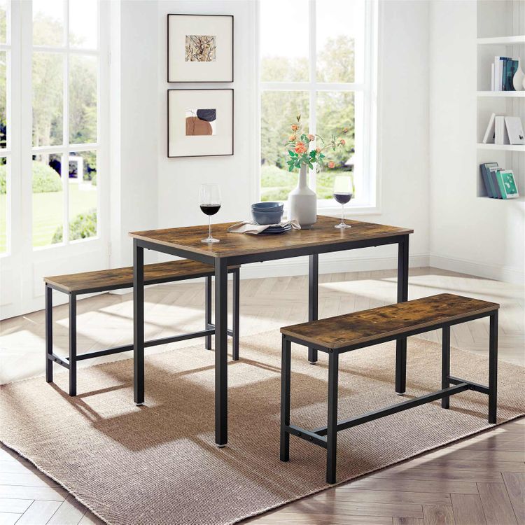 VASAGLE Industrial Rustic Brown Dining Table with 2 Benches – Decor Trends