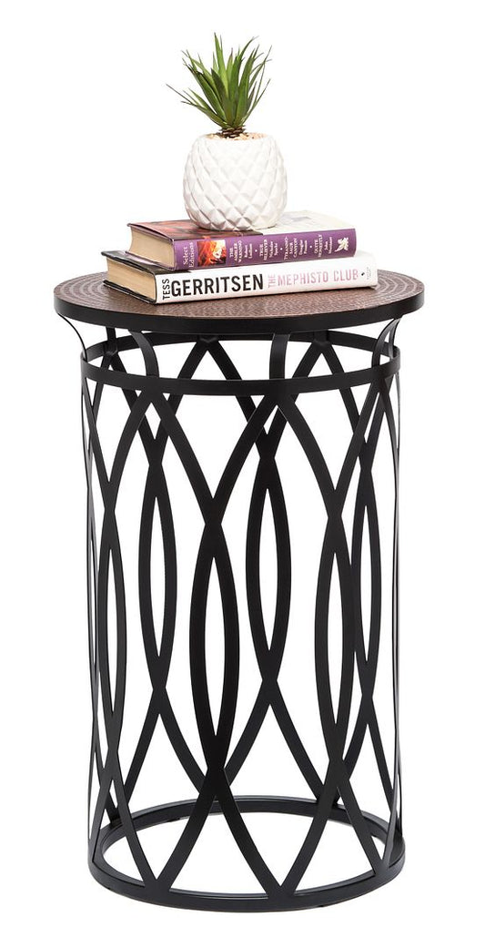 Black Round Iron Side Table with Cross Legs and Copper Finish Top