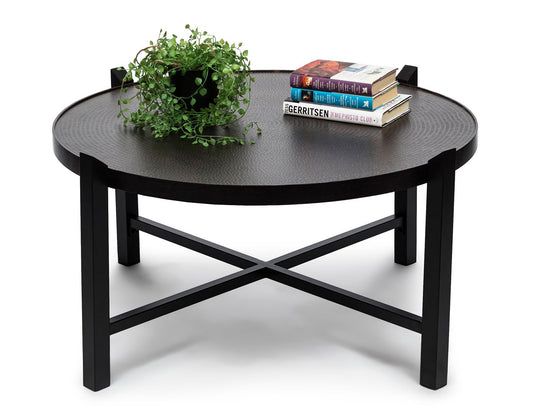 Modern Black Round Coffee Table with Copper Finish Engraved Top