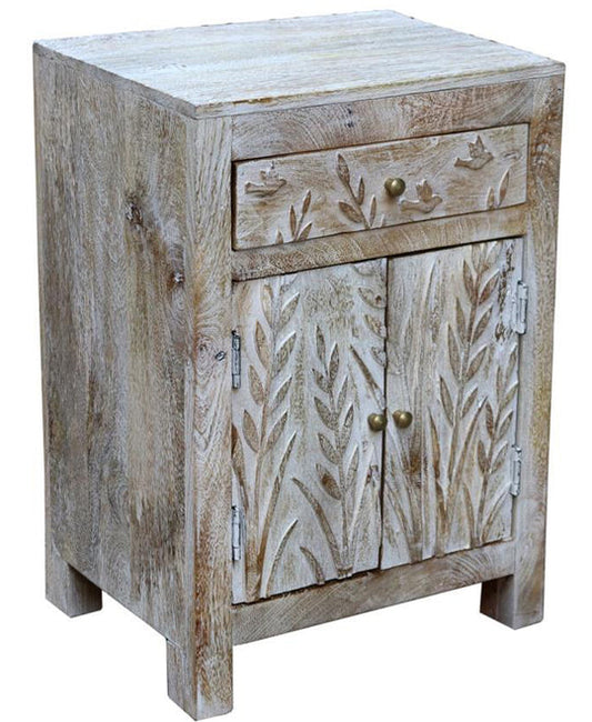 2 drawer whitewashed bedside cabinet in bird design