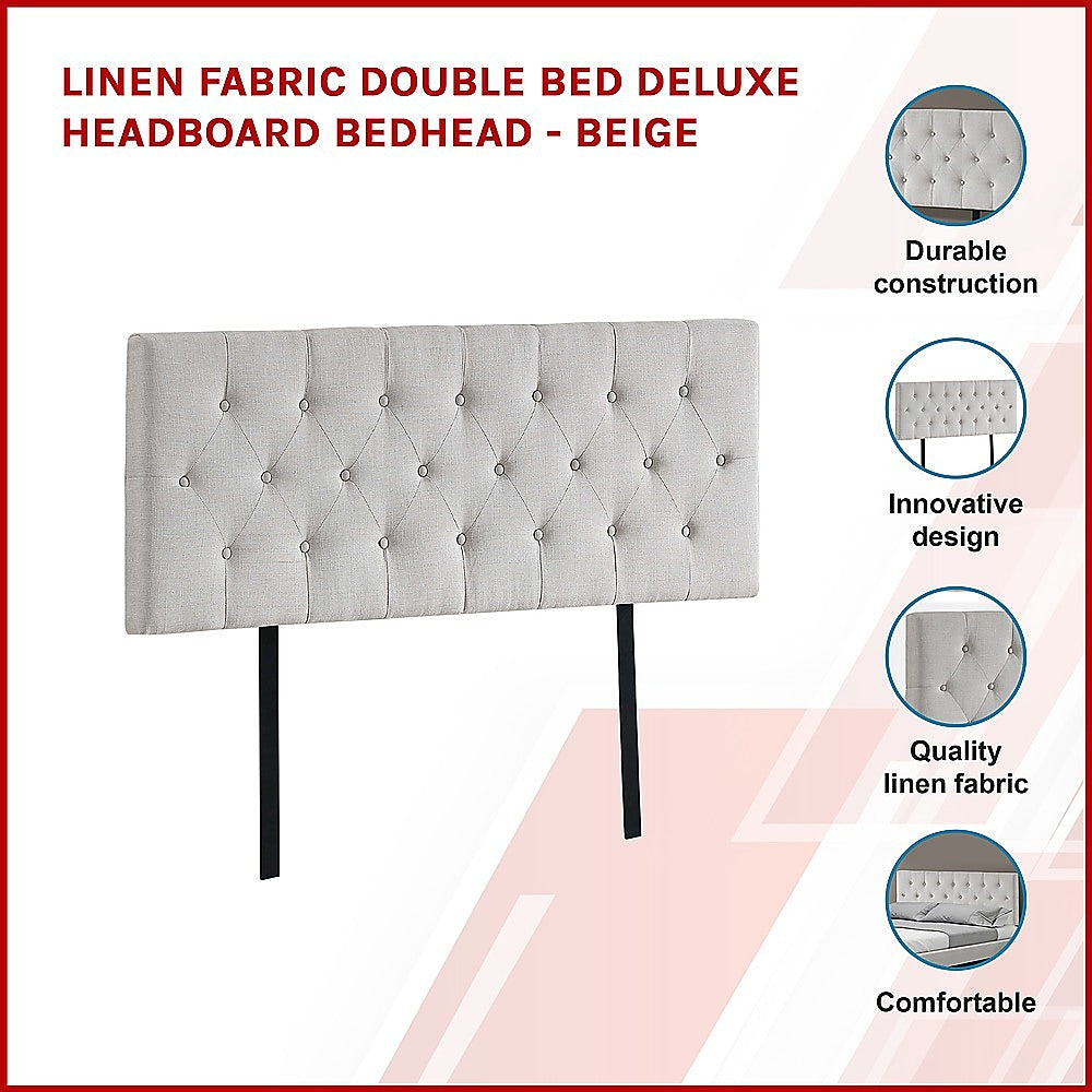 Linen Fabric Double Bed Deluxe Headboard Bedhead - Beige