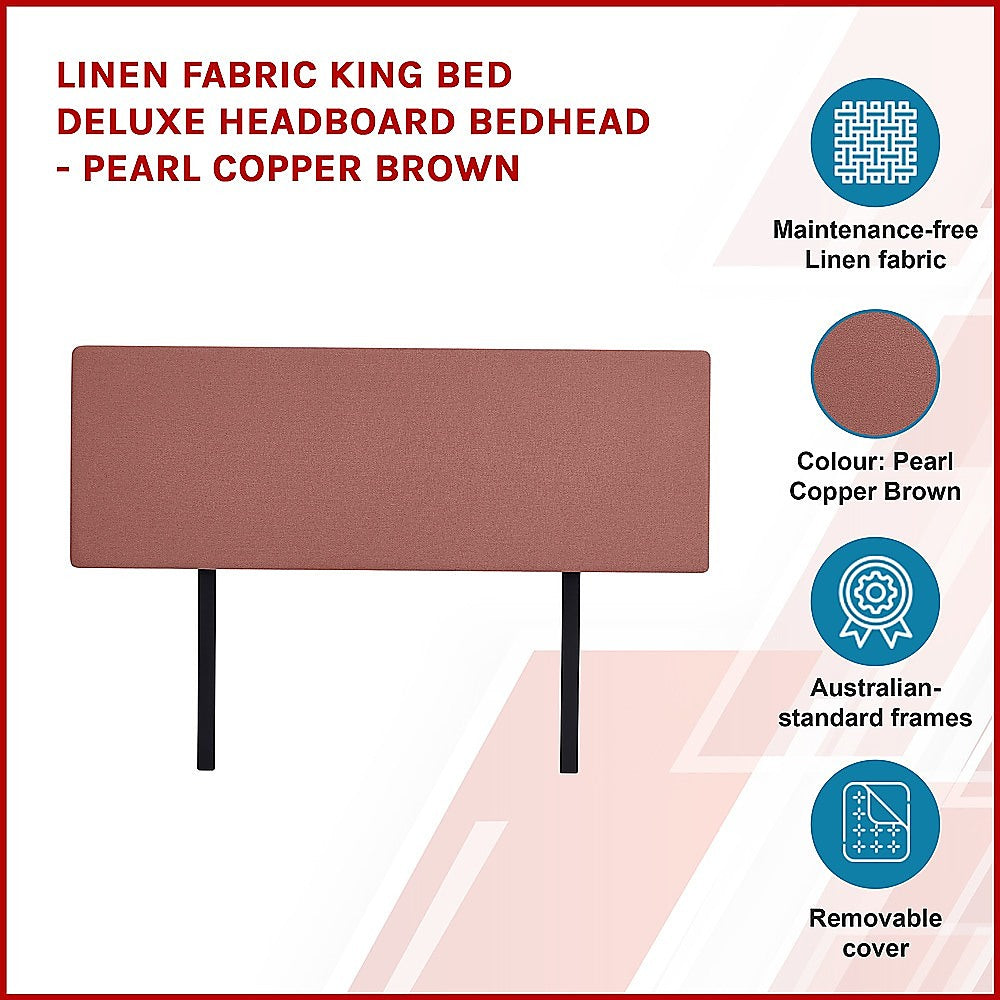 Linen Fabric King Bed Deluxe Headboard Bedhead - Pearl Copper Brown