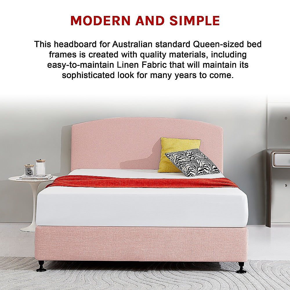 Linen Fabric Queen Bed Curved Headboard Bedhead - Pale Pink