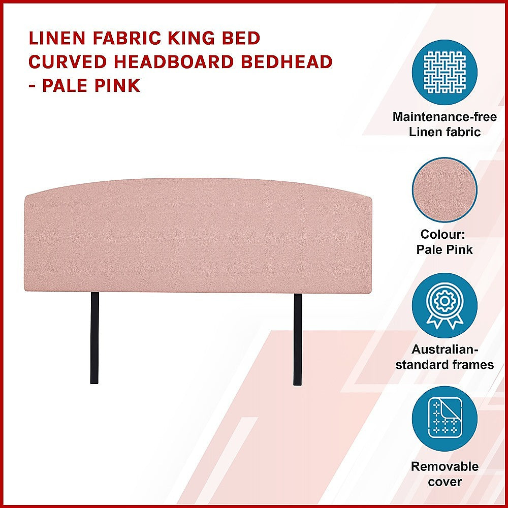 Linen Fabric King Bed Curved Headboard Bedhead - Pale Pink