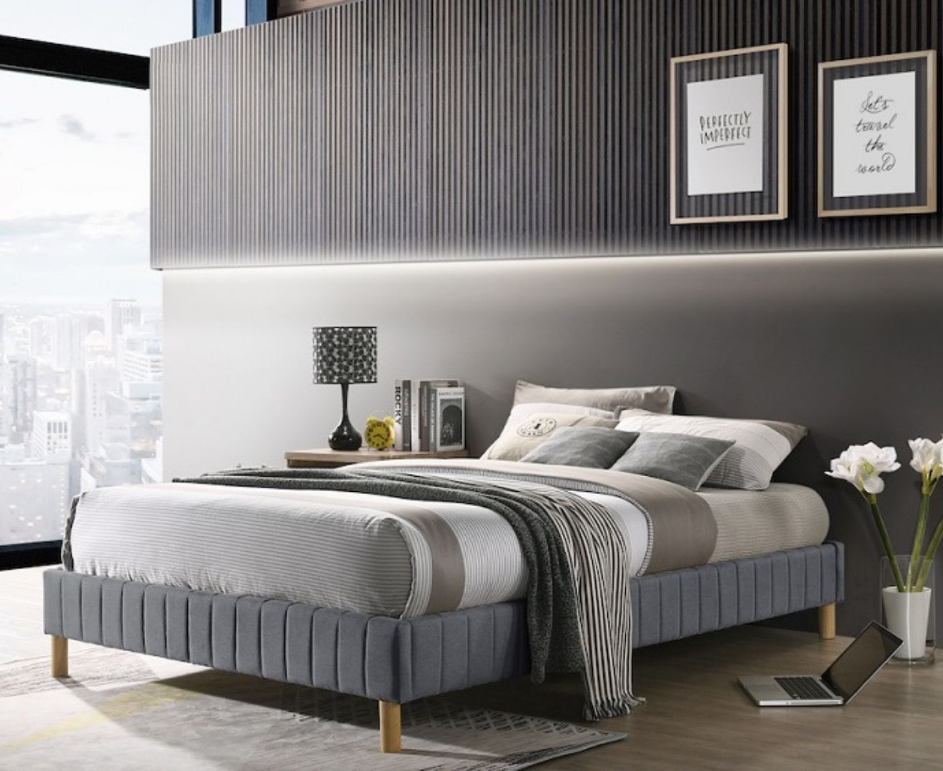 Libby Contemporary Platform Bed Base Fabric Frame with Timber Slat Queen in Light Grey