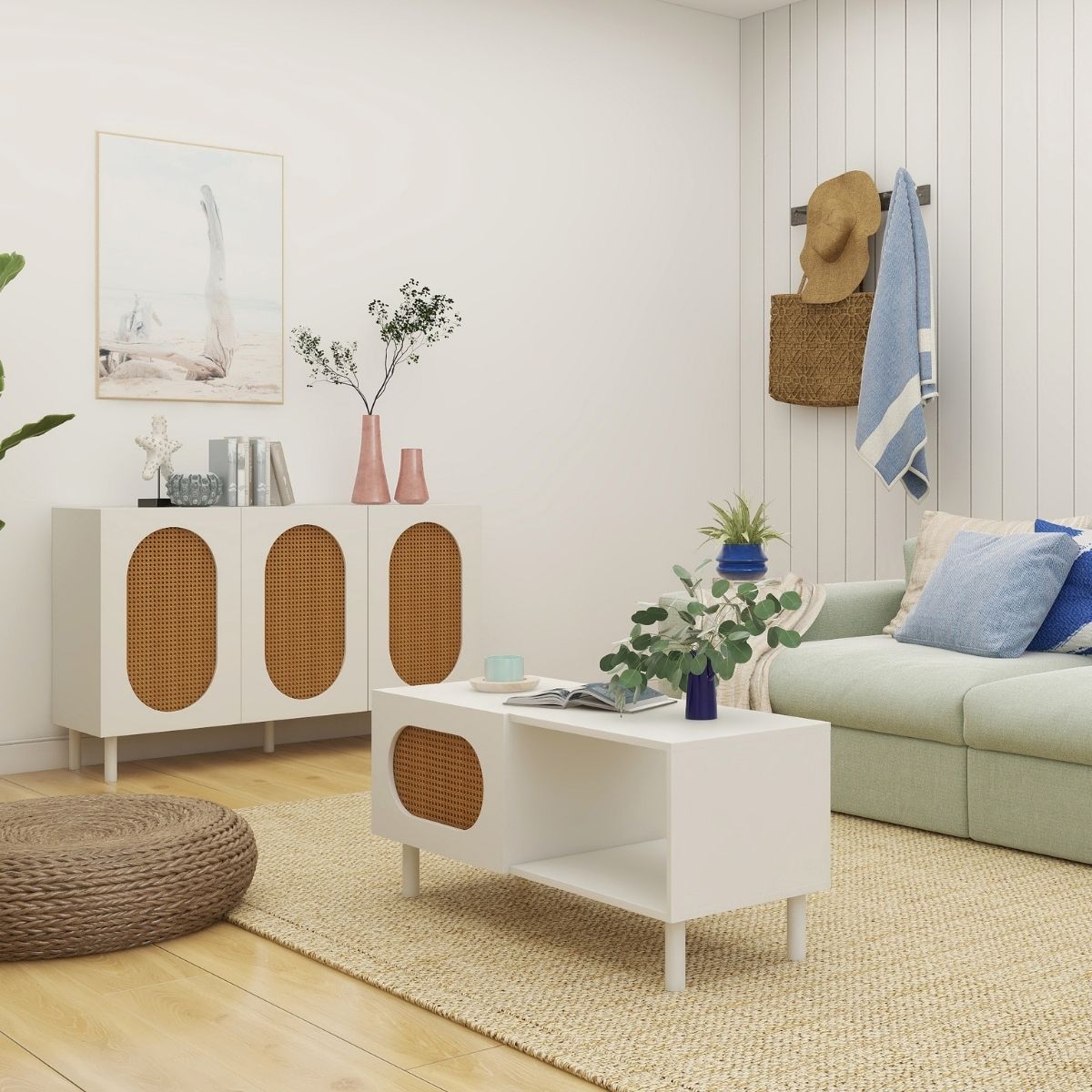 Leo Rattan Coffee Table with Storage in White