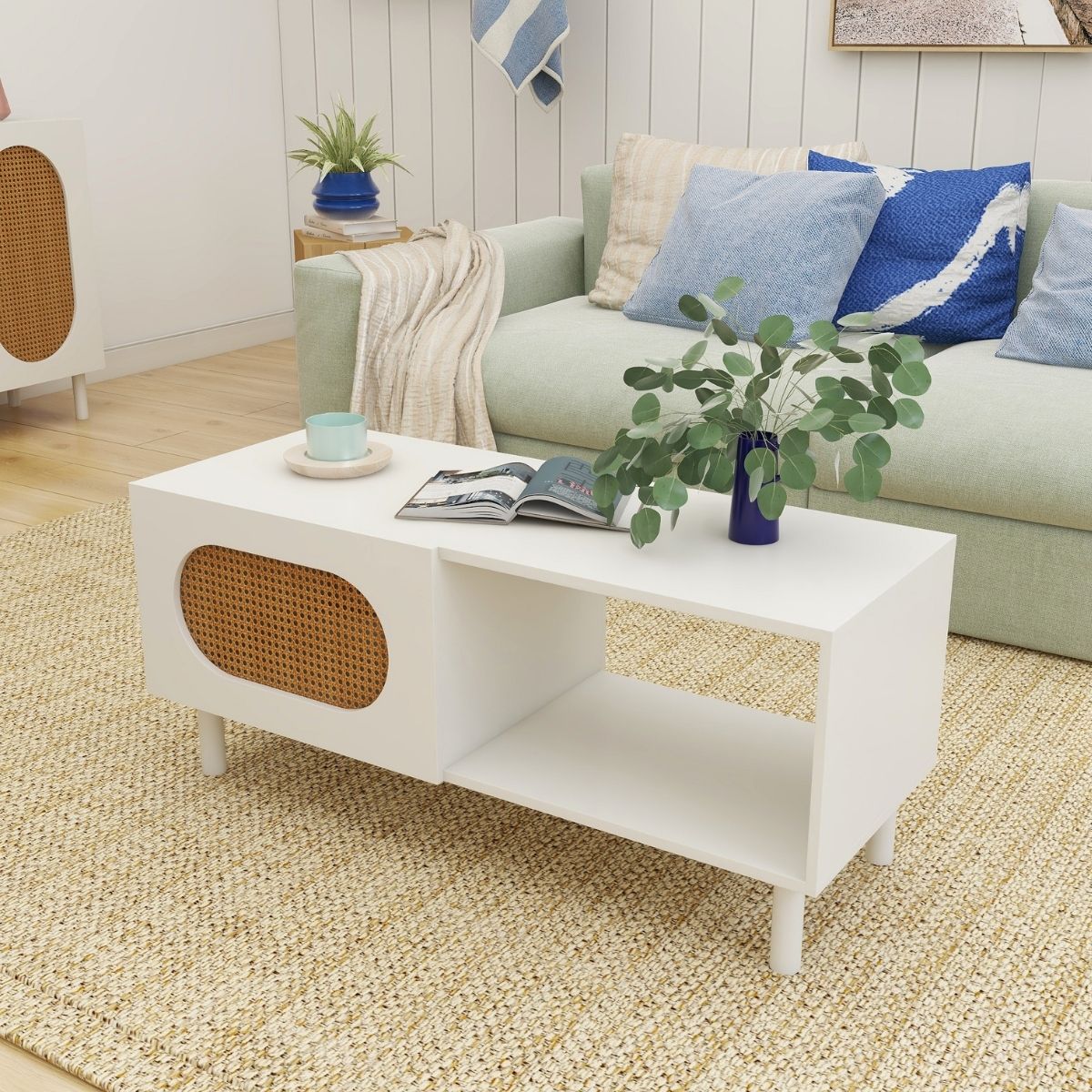 Leo Rattan Coffee Table with Storage in White