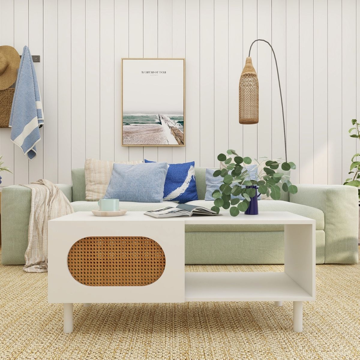 Leo Rattan Coffee Table with Storage in White