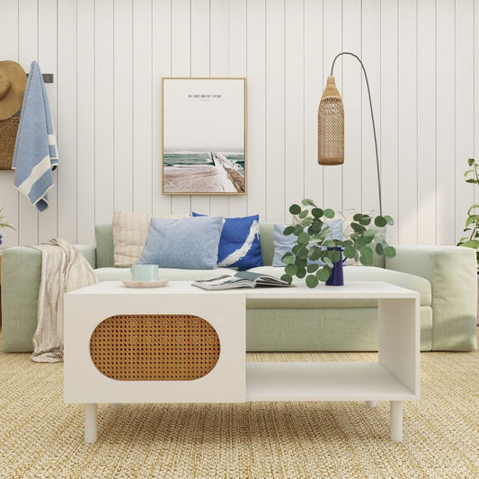 Leo Rattan Coffee Table with Storage in White