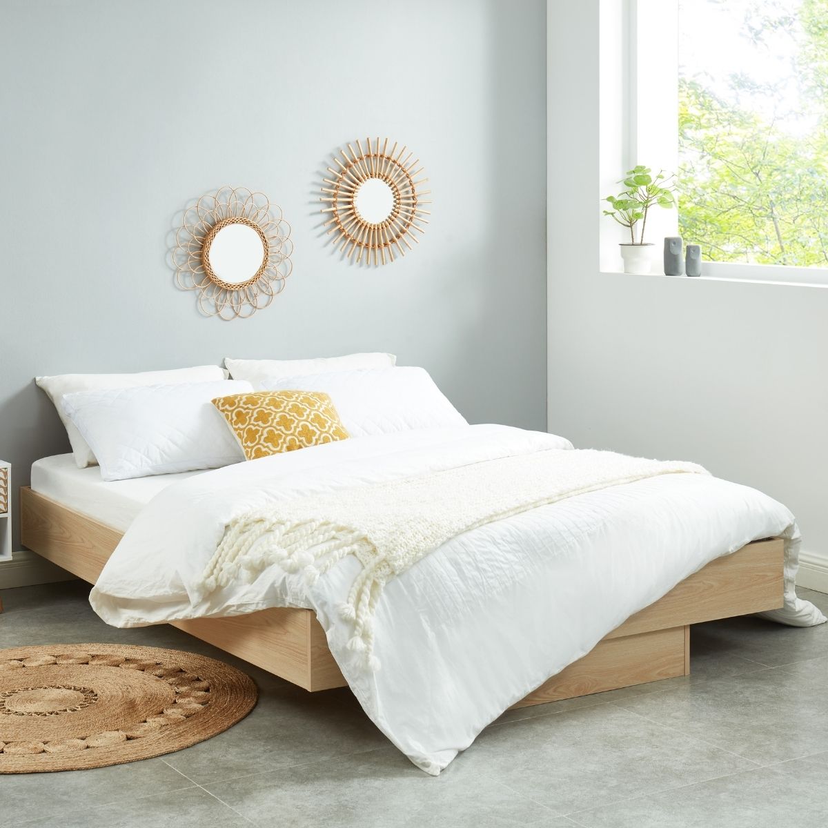 Oak Wood Floating Bed Base Double