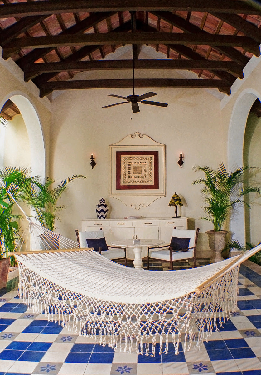 Mayan Legacy King Size Outdoor Cotton Mexican Resort Hammock With Fringe in Cream Colour