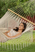 Load image into Gallery viewer, Mayan Legacy Queen Size Outdoor Cotton Mexican Resort Hammock With Fringe in Cream Colour
