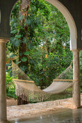 Load image into Gallery viewer, Mayan Legacy Queen Size Outdoor Cotton Mexican Resort Hammock With Fringe in Cream Colour
