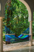 Load image into Gallery viewer, Mayan Legacy Queen Size Outdoor Cotton Mexican Resort Hammock With Fringe in Oceanica Colour

