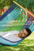 Load image into Gallery viewer, Mayan Legacy Queen Size Outdoor Cotton Mexican Resort Hammock No Fringe in Oceanica Colour
