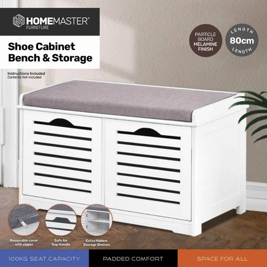 Home Master Storage Seat Shoe Cabinet With Removable Padded Cushion Seating 80cm