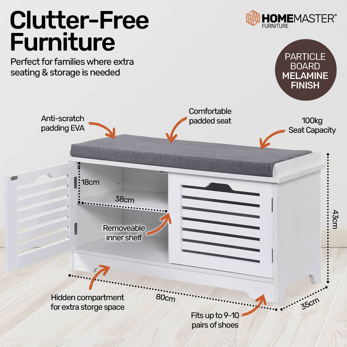 Home Master Storage Seat Shoe Cabinet With Removable Padded Cushion Seating 80cm